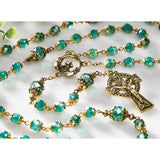 Saint Patricks Aurora Borealis crystal bead rosary with Claddagh centerpiece and Celtic crucifix in gold-tone finish