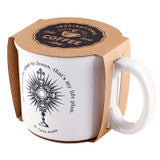 12 oz white ceramic mug with St. Carlo Acutis image, Eucharistic devotion theme, and phrase "Be Close to Jesus" on side