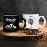 Verso l'Alto Bl. Pier Giorgio Frassati ceramic coffee mug with mountain design and devotional illustration