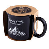 11 oz black ceramic mug with Verso l'Alto Bl Pier Giorgio Frassati text and mountain design in white