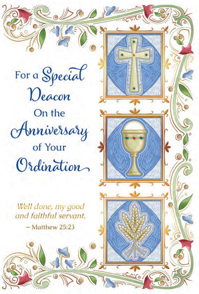 Greeting card for special deacon anniversary with ornate floral border, cross, chalice, and wheat illustrations
