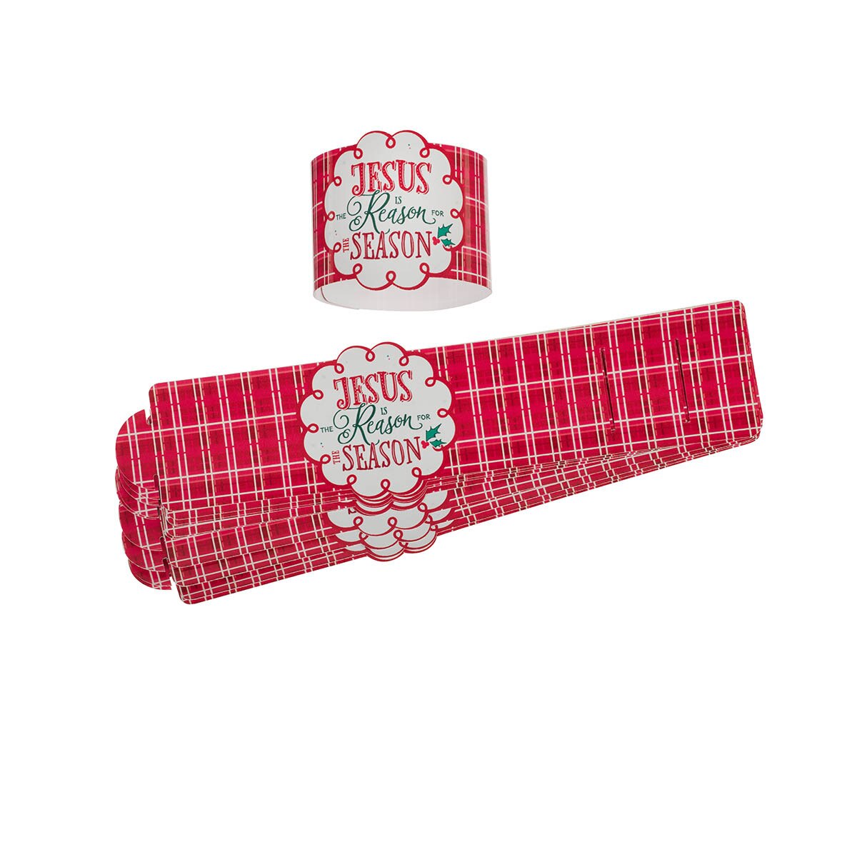 Red plaid paper napkin wraps with white scalloped label reading Jesus is the Reason for the Season