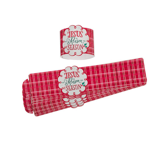 Red plaid paper napkin wraps with white scalloped label reading Jesus is the Reason for the Season