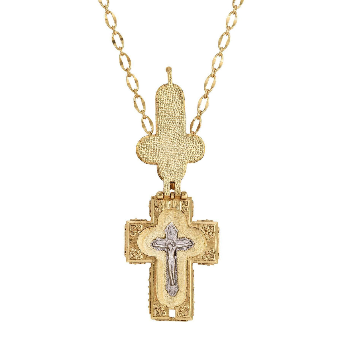 Gold-tone reliquary pendant necklace with detailed cross, hinged locket, and delicate chain link design