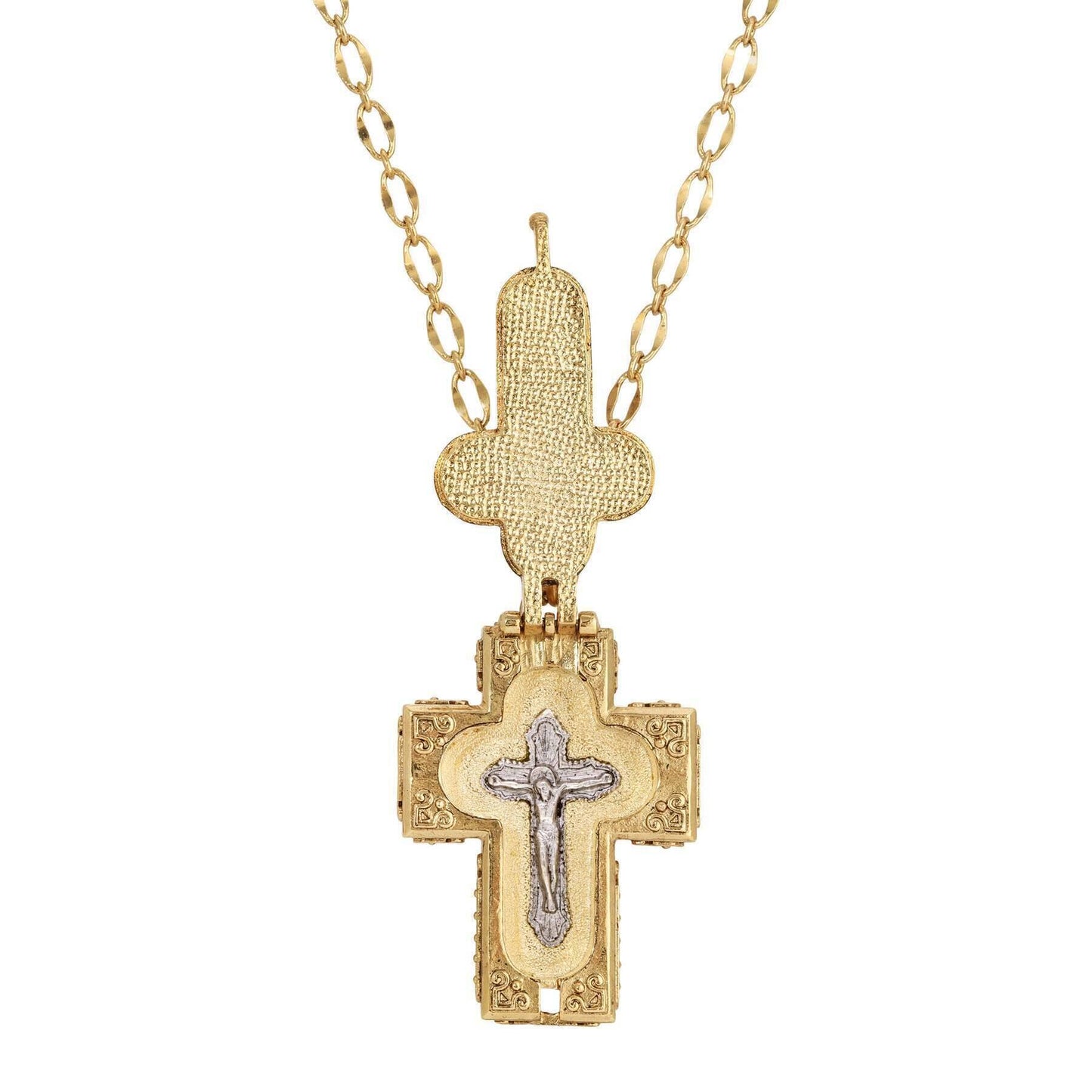 Gold-tone reliquary pendant necklace with detailed cross, hinged locket, and delicate chain link design