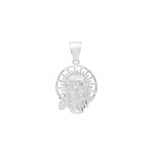 1 1/4" rhodium plated brass pendant featuring the holy face of Jesus with halo detail on white background