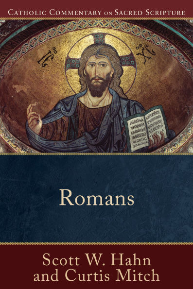 Book cover of Romans by Scott W. Hahn and Curtis Mitch with classical icon of Christ and ornate gold and blue design