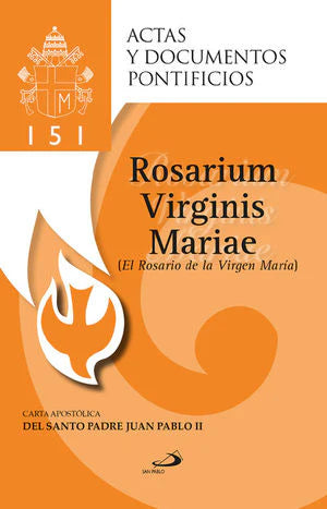 Rosarium Virginis Mariae book cover with orange design, Catholic emblem, and apostolic letter by Pope John Paul II