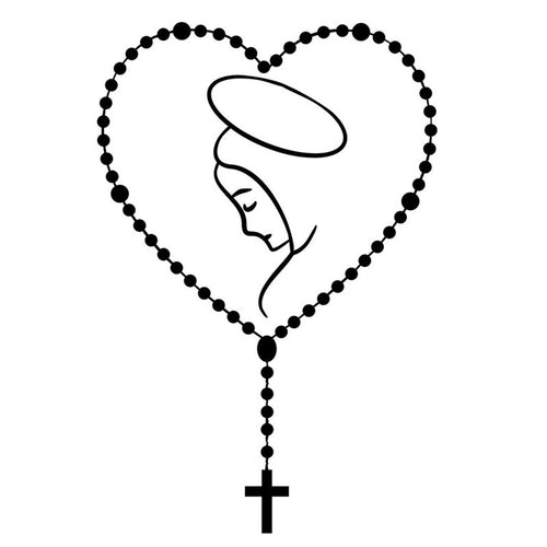 Rosary heart-shaped auto decal featuring a silhouette of Mary with a halo, black weather-resistant vinyl design