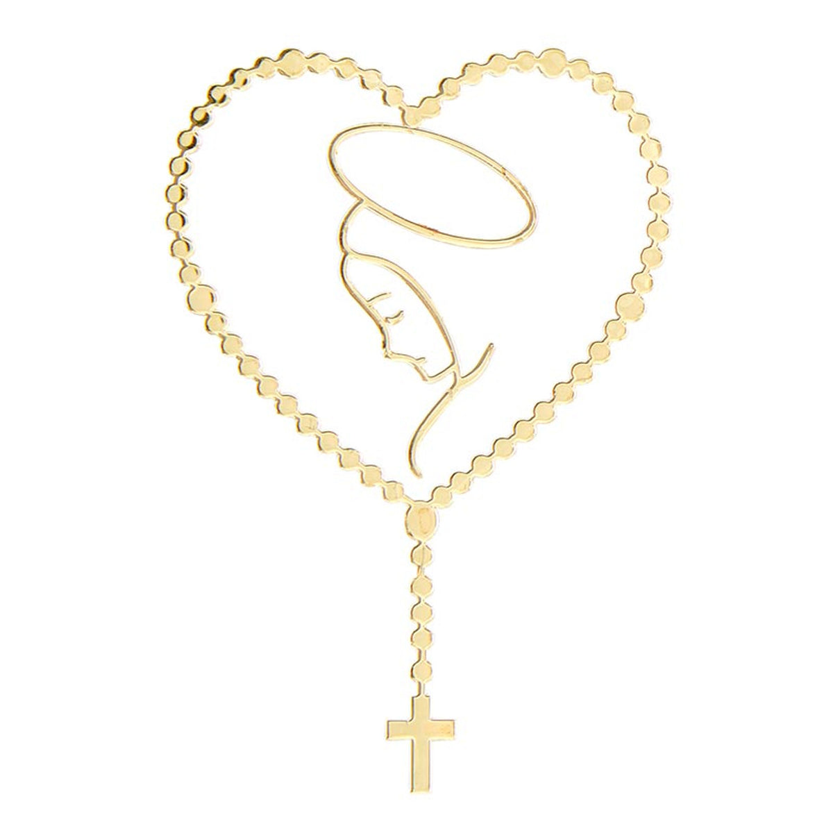 Heart-shaped rosary phone decal with gold metallic finish featuring a serene outline of Mary and a cross pendant.