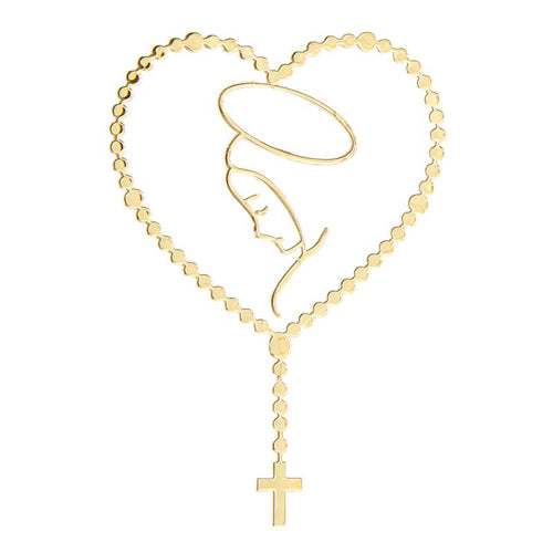 Heart-shaped rosary phone decal with gold metallic finish featuring a serene outline of Mary and a cross pendant.