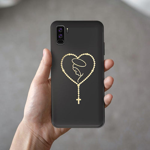 Rosary phone decal with metallic gold beads forming a heart and Mary’s profile with halo and hanging cross.