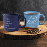 13 oz "A Rosary a Day" gift mug set with navy and light blue designs, featuring inspirational faith messages and rosary graphics