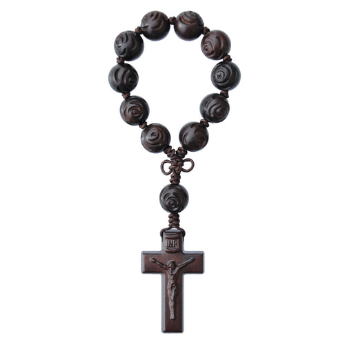 Rose Carved Jujube Wood One Decade Rosary 13MM - Unique Catholic Gifts