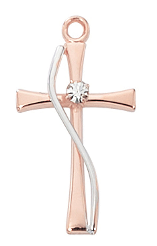 Petite 5/8" cross pendant in rose gold and sterling silver with central crystal stone, elegant and delicate design.