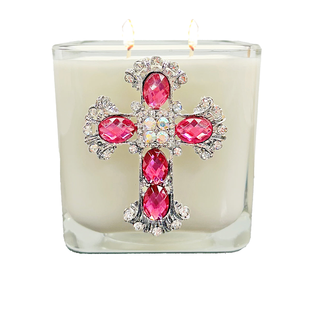 3 1/2" Rose of Pink jeweled cross candle in clear glass with silver-tone cross adorned with pink and clear crystals