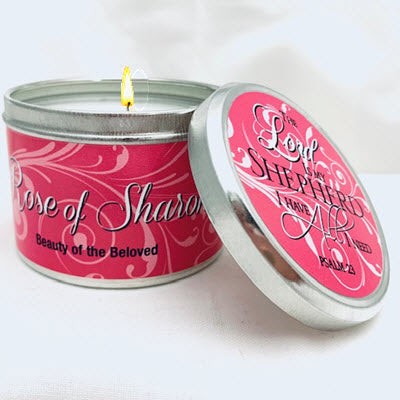 Rose of Sharon Candle in Scripture Tin "The Lord is My Shepherd" - Unique Catholic Gifts
