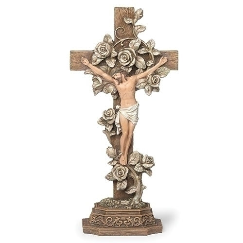 13" standing crucifix with detailed roses, hand-painted figure of Christ, and ornate base design
