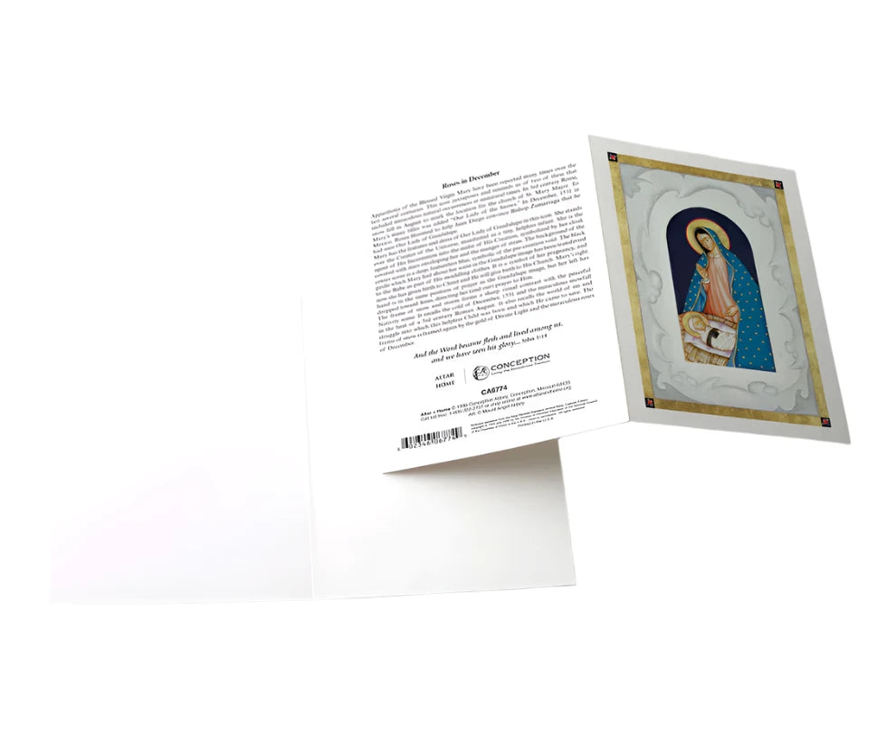 Roses in December Icon Greeting Card featuring religious artwork, Bible verse John 1:14a, blank inside, 4 3/8" x 5 15/16