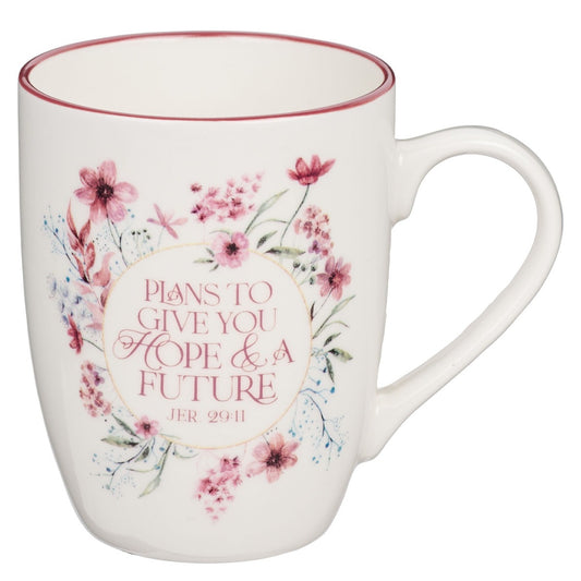 Rosewood pink wildflower ceramic coffee mug with Jeremiah 29:11 inspirational Bible verse on white background