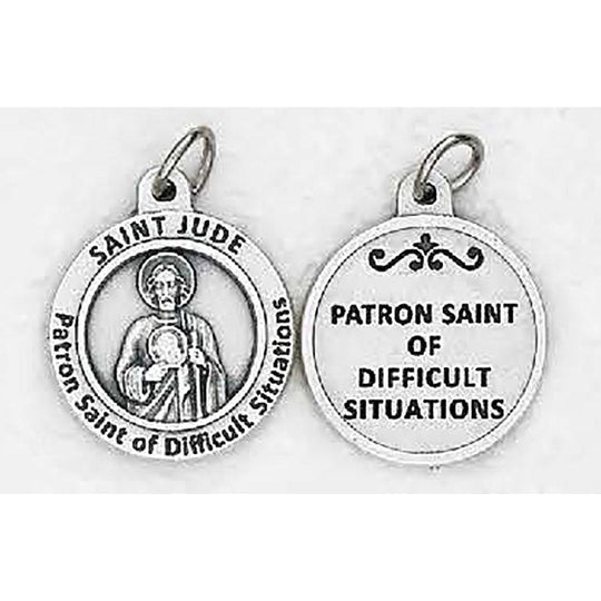 3/4" silver-toned St. Jude Medal with Patron Saint of Difficult Situations engraving, made in Italy, round shape.