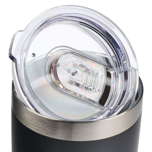 Close-up of clear plastic lid with sliding closure on stainless steel mug with black body and silver rim