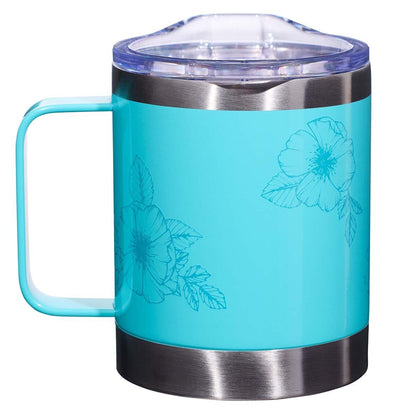Teal camp-style stainless steel mug with floral design and clear lid inspired by Proverbs 31:25 strength and dignity