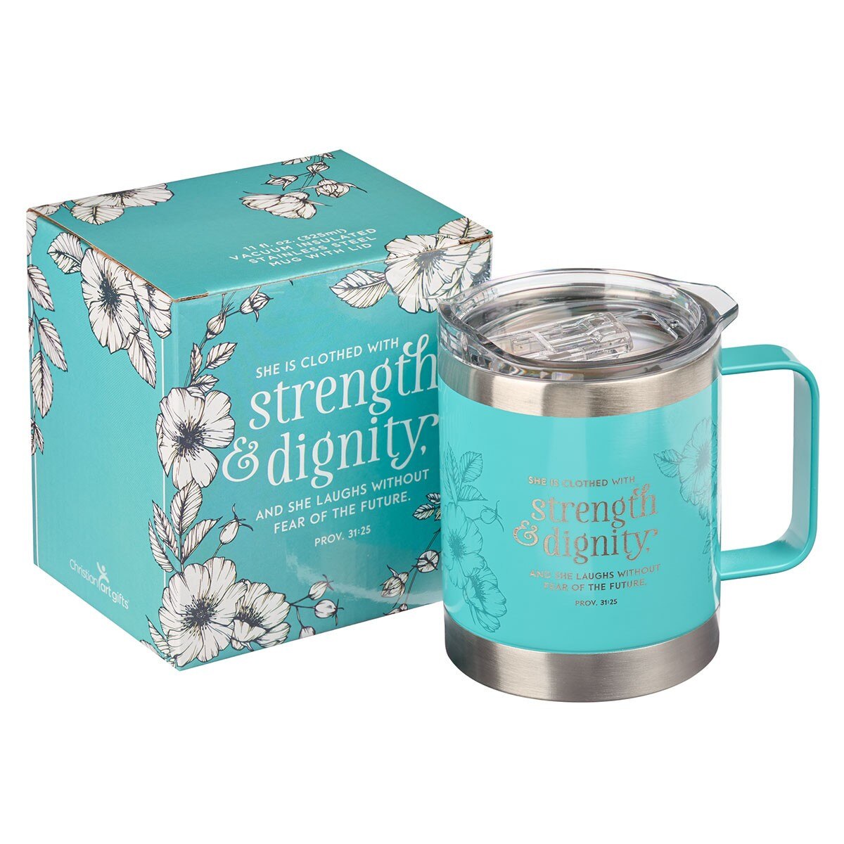 Teal stainless steel camp-style mug with "Strength & Dignity" Proverbs 31:25 verse and floral design with matching box