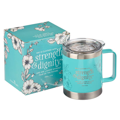 Teal stainless steel camp-style mug with "Strength & Dignity" Proverbs 31:25 verse and floral design with matching box