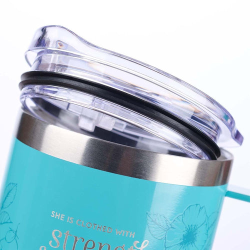 Teal camp-style stainless steel mug with clear lid and Proverbs 31:25 "Strength and Dignity" floral design text