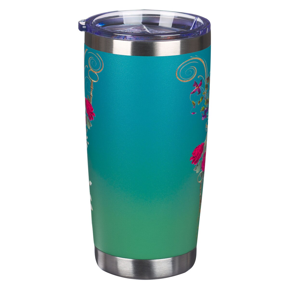 Stainless steel travel tumbler with blue peacock design and Jeremiah 17:7 scripture on turquoise background