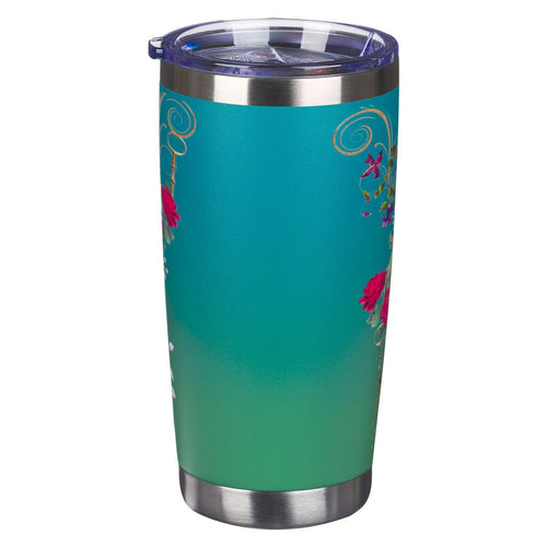 Stainless steel travel tumbler with blue peacock design and Jeremiah 17:7 scripture on turquoise background
