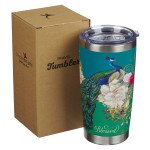 Blessed blue peacock stainless steel travel tumbler with floral design and Jeremiah 17:7 scripture text