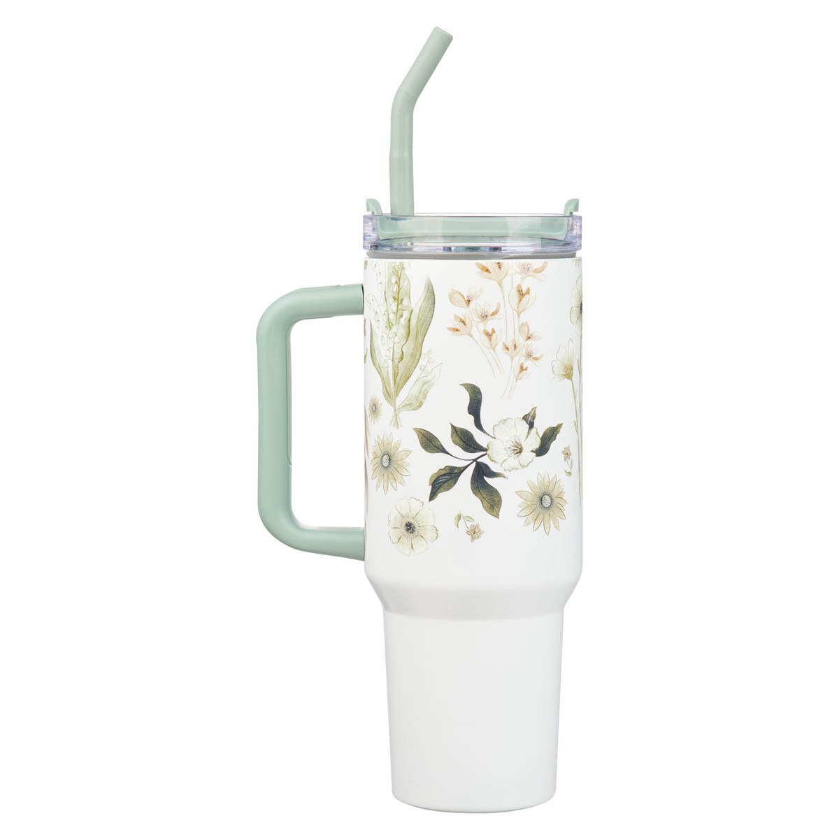 White 40 oz tumbler with green handle, reusable straw, and botanical floral design on body