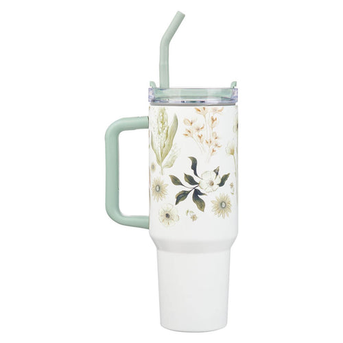 White 40 oz tumbler with green handle, reusable straw, and botanical floral design on body