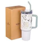 White and teal 40oz stainless steel tumbler with handle, reusable straw, and "Be Strong in the Lord" gold text design