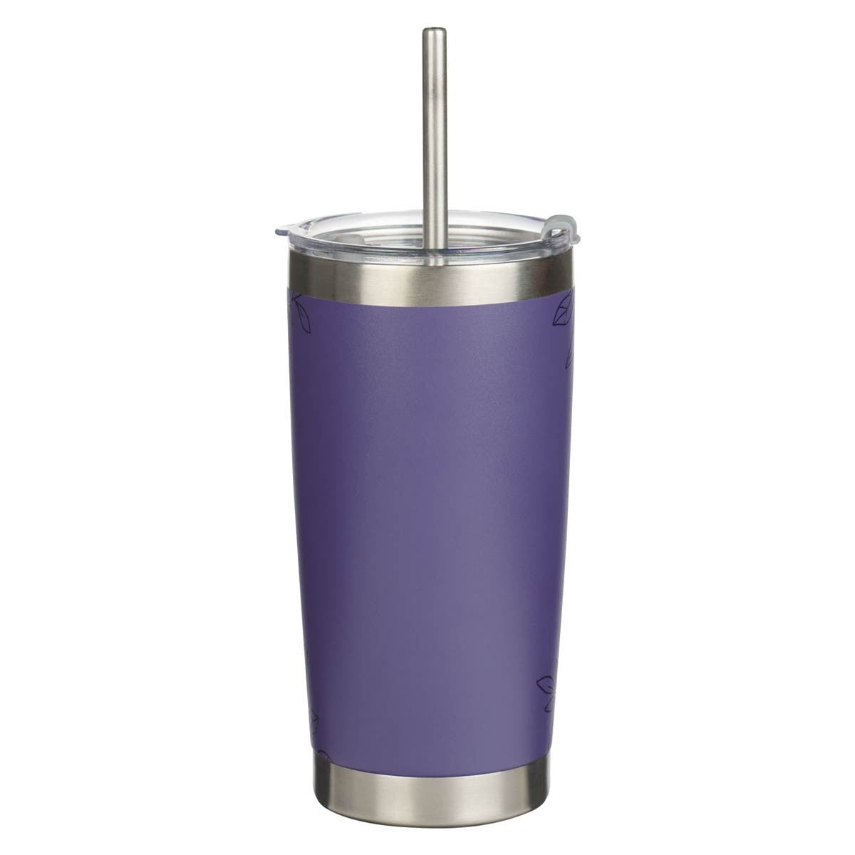 Lavender floral stainless steel tumbler with clear lid and metal straw, Proverbs 31:29 quote on front
