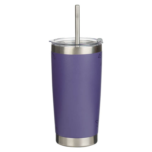 Lavender floral stainless steel tumbler with clear lid and metal straw, Proverbs 31:29 quote on front