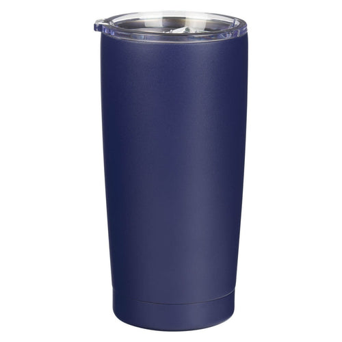 Navy blue stainless steel travel tumbler with clear lid, sleek minimalist design for hot and cold beverages