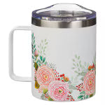 White stainless steel camp-style mug with pink floral design and clear plastic lid for hot or cold drinks