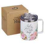 Pink floral camp-style stainless steel mug with clear lid and "Find Joy in the Little Things" text with box