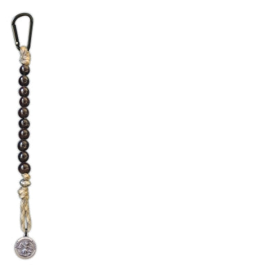 St. Michael Paracord Travel Protector with brown camo beads, Saint Christopher medal, and attached carabiner clip