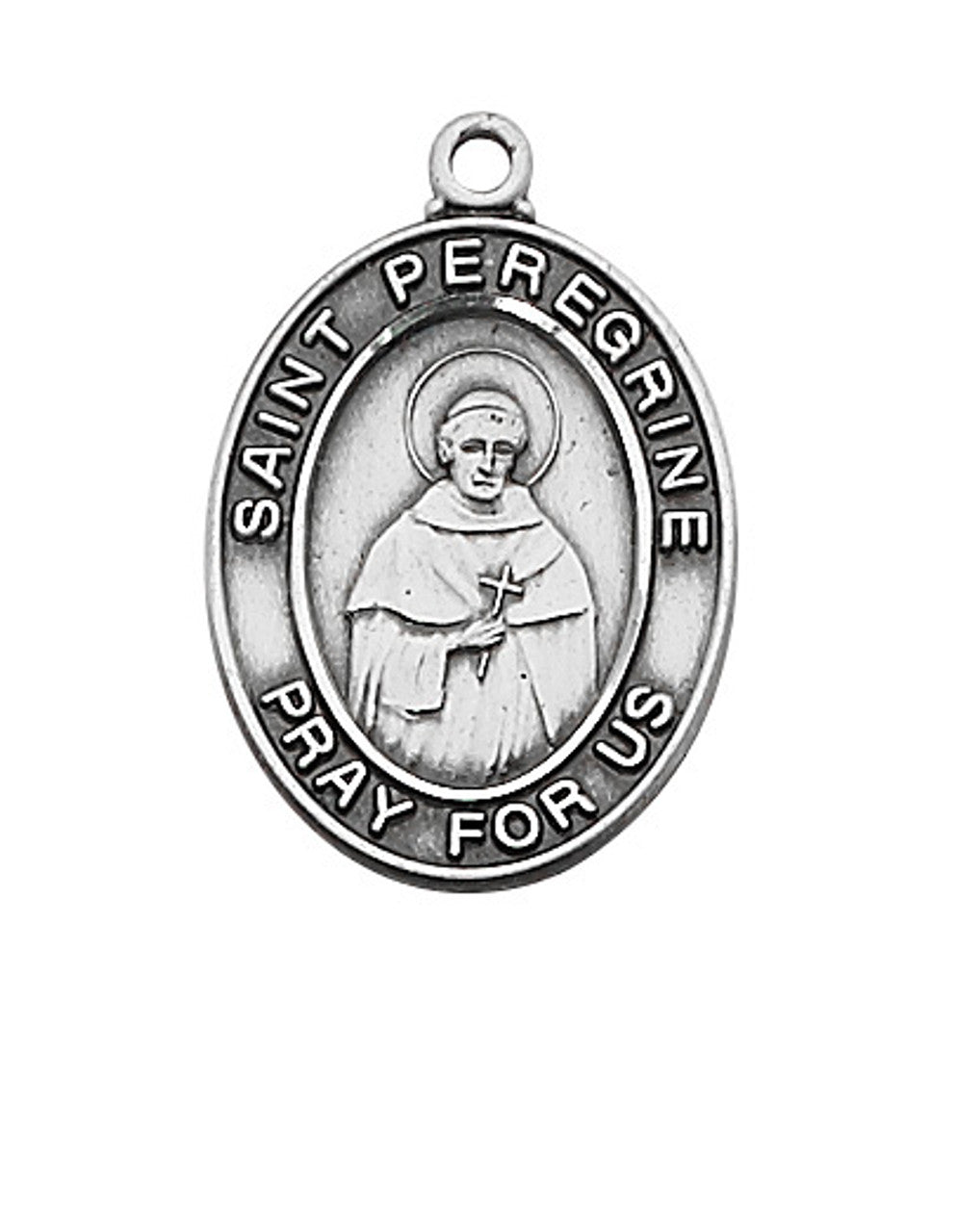 Sterling silver Saint Peregrine medal with engraved saint holding cross and inscription "Pray for us" on oval pendant