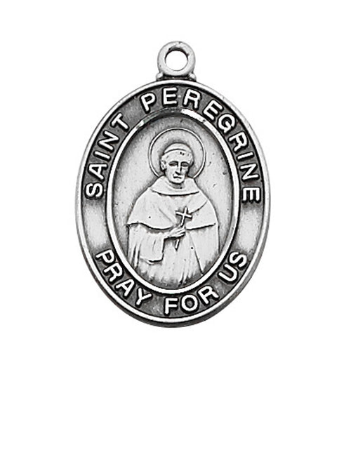 Sterling silver Saint Peregrine medal with engraved saint holding cross and inscription "Pray for us" on oval pendant