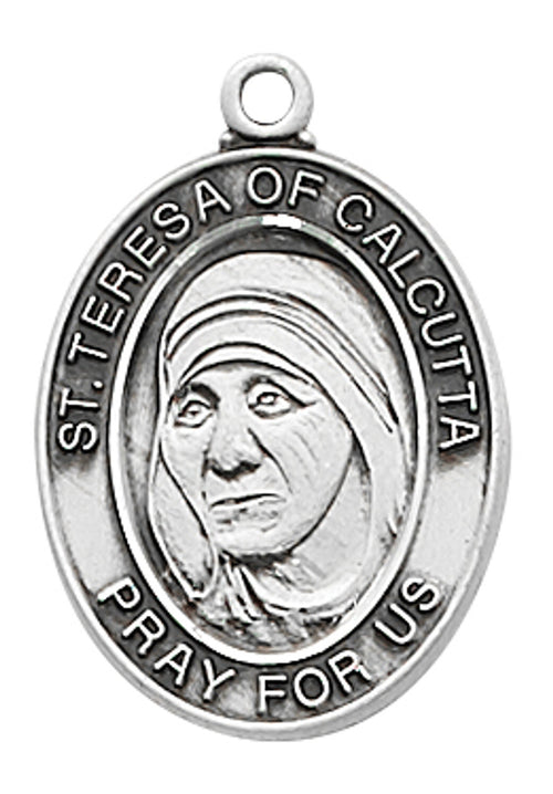 Saint Mother Teresa of Calcutta silver medal pendant with detailed engraved portrait and prayer inscription