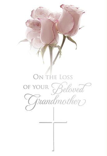 4 1/2" x 6 3/4" sympathy card with soft pink roses, silver foil text, embossed cross, and envelope included