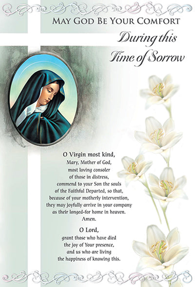 Sympathy card with praying Virgin Mary image, lilies, and comforting poem titled May God Be Your Comfort During This Time of Sorrow