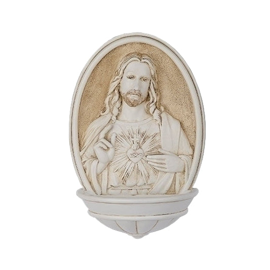 8" white stone resin Sacred Heart Holy Water Font with detailed Jesus figure and radiant heart design