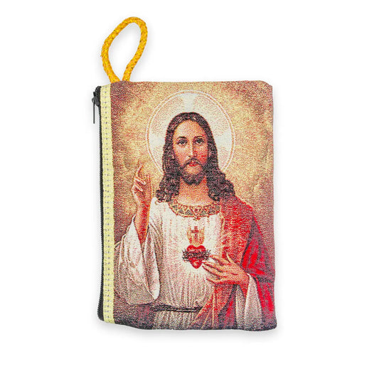 Sacred Heart Of Jesus & Immaculate Heart Of Mary Woven Tapestry Rosary Pouch