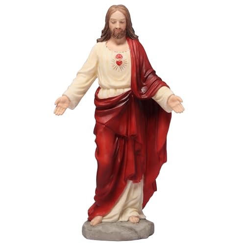 6 1/8" Sacred Heart of Jesus statue with detailed red and cream robes and gold-accented heart on chest